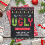 Ugi Sweater Chalkboard Weihnachtsfeier Einladung<br><div class="desc">Feiern Sie die Feiertagssaison mit Ihrem hässlichsten, kitschigsten Weihnachtspulli im "Stil"! Niedliche, skurrile Bäume, Rentiere, Ziergegenstände und spielerische "Pullover"-Typografie in Rot, Grün und Aqua Blau überlagern einen Kalkbretthintergrund. Die Rückseite ist mit einem weißen, frischen Inselmuster aus Bäumen, Rentieren und Ziergegenständen geschmückt. Feiern Sie mit Familie und Freunden, während Sie die...</div>