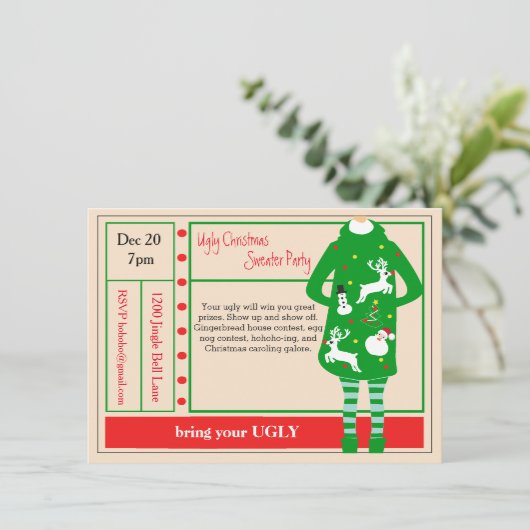 Ugliest Weihnachten je Sweater Party Einladung (Stehend Vorderseite)