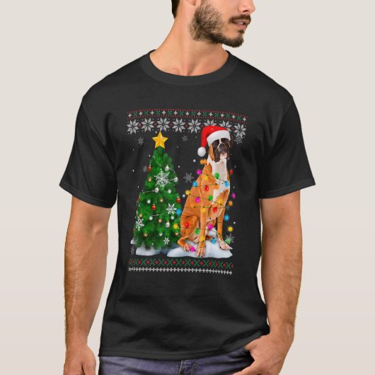 Ugly Boxer Dog Weihnachtsmannmütze Weihnachtsbaum T-Shirt (Vorderseite)
