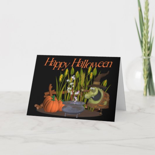 Ugly Cartoon Hexe in Cornfield Happy Halloween Karte (Vorderseite)