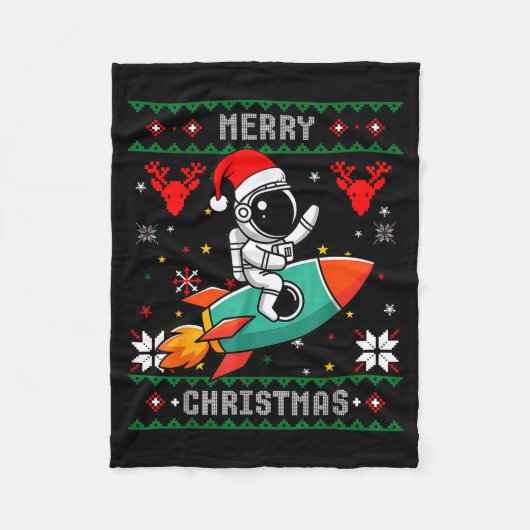 Ugly Christmas Astronaut Riding Rocket Santa Hat T Fleecedecke (Vorderseite)