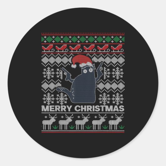 Ugly Christmas Black Cat Merry Christmas Gift Runder Aufkleber (Vorderseite)