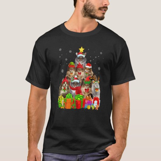 Ugly Christmas Cat Tree Norwegian Forest Cat Xmas T-Shirt (Vorderseite)