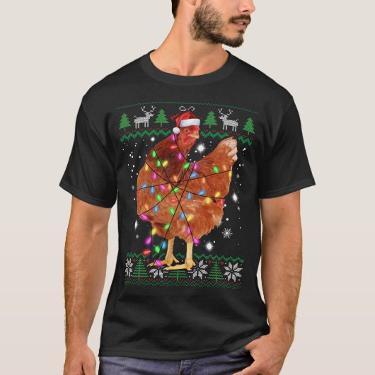 Ugly Christmas Chicken Santa Hat Lights Sweater  T-Shirt (Vorderseite)