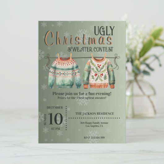 Ugly Christmas Sweater Contest Einladungen Custom (Stehend Vorderseite)