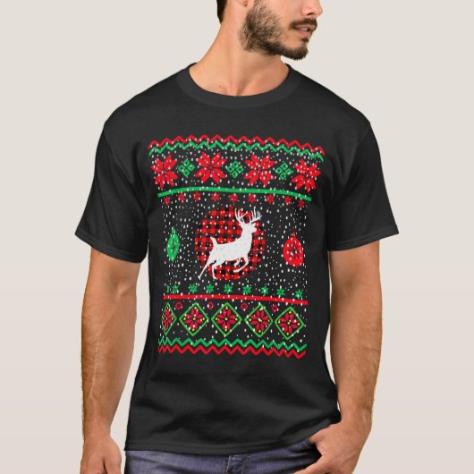 Ugly Christmas Sweater Design Plaid Reindeer T-Shirt (Vorderseite)