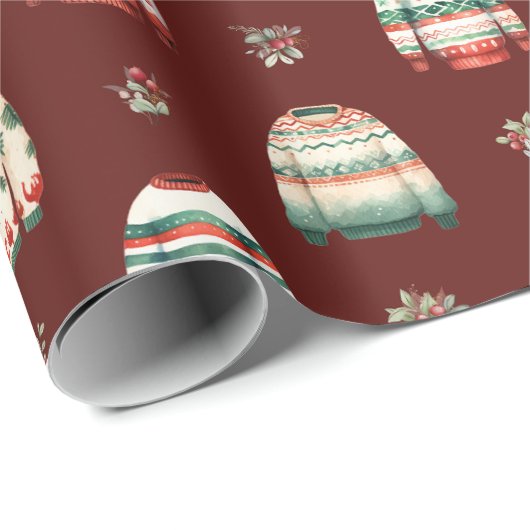 Ugly Christmas Sweater | Holly and Berries Pattern Geschenkpapier (Rolleneckpunkt)