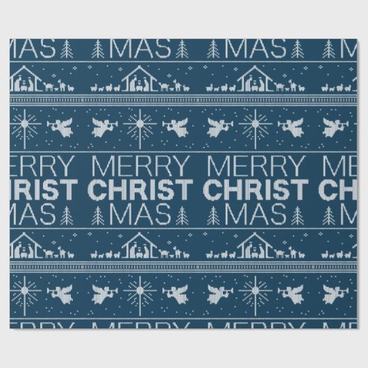Ugly Christmas Sweater Religious Christlich Blue Geschenkpapier (Flach)