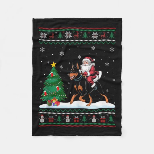 Ugly Christmas Tree Light Santa Riding Doberman Pi Fleecedecke (Vorderseite)