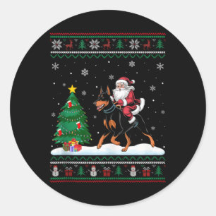 Ugly Christmas Tree Light Santa Riding Doberman Pi Runder Aufkleber