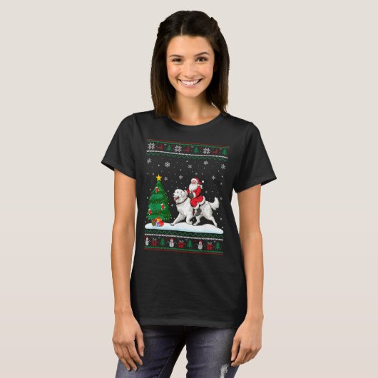 Ugly Christmas Tree Lights Santa Riding Great Pyre T-Shirt (Vorne ganz)