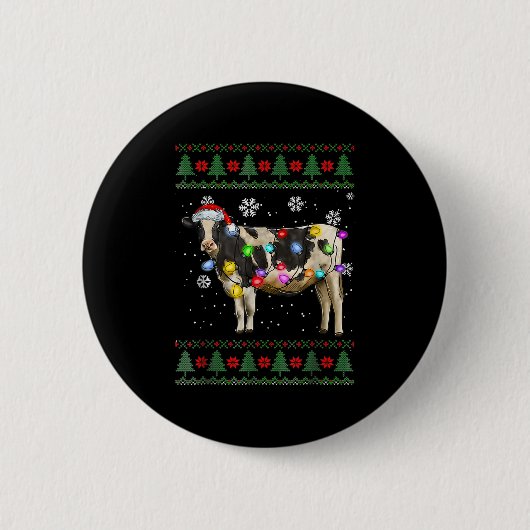 Ugly Cow Christmas Sweater Santa Hat And Light Up  Button (Vorderseite)
