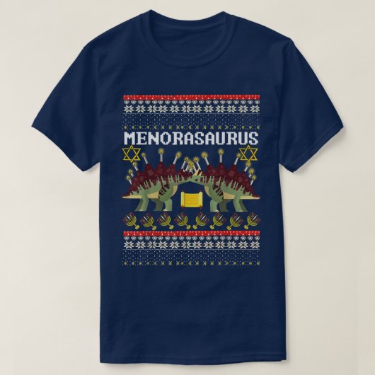 Ugly Hanukkah Sweater, Menorasaurus, Jüdisches Din T-Shirt (Design vorne)