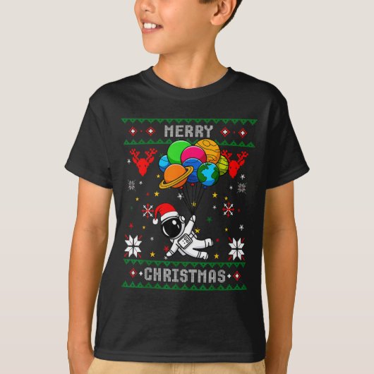 Ugly Merry Christmas Santa Hat Tree Astronaut Hold T-Shirt (Vorderseite)
