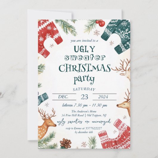 Ugly Sweater and Reindeer Christmas Party Einladung (Vorderseite)