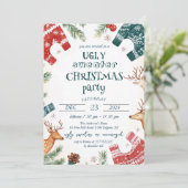 Ugly Sweater and Reindeer Christmas Party Einladung (Stehend Vorderseite)