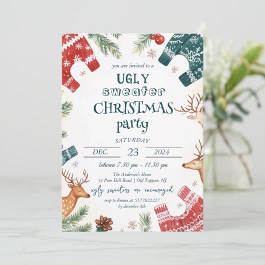 Ugly Sweater and Reindeer Christmas Party Einladung (Stehend Vorderseite)