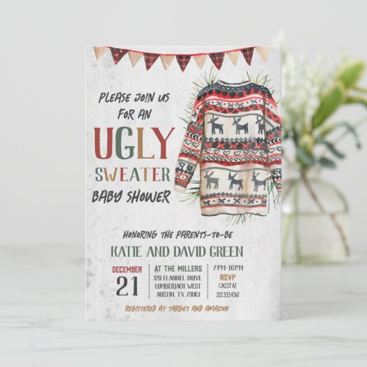 Ugly Sweater Baby Dusche Einladung (Stehend Vorderseite)