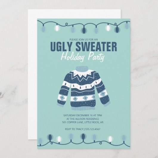 Ugly Sweater Blue Green Holiday Party Einladung (Vorne/Hinten)