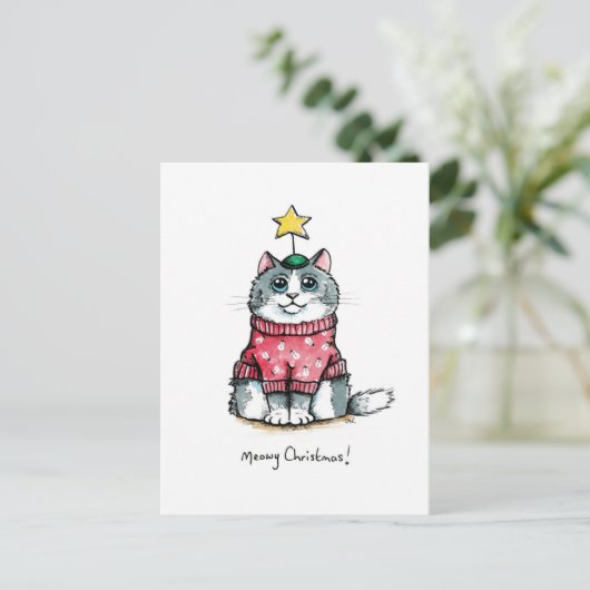 Ugly Sweater Cat - Heilige Weihnachten Postkarte (Stehend Vorderseite)