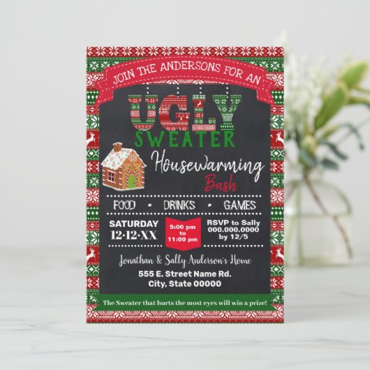 Ugly Sweater Christmas Housewärming Bash Einladung (Stehend Vorderseite)