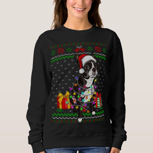 Ugly Sweater Christmas Lights Boston Terrier Dog L Sweatshirt (Vorderseite)