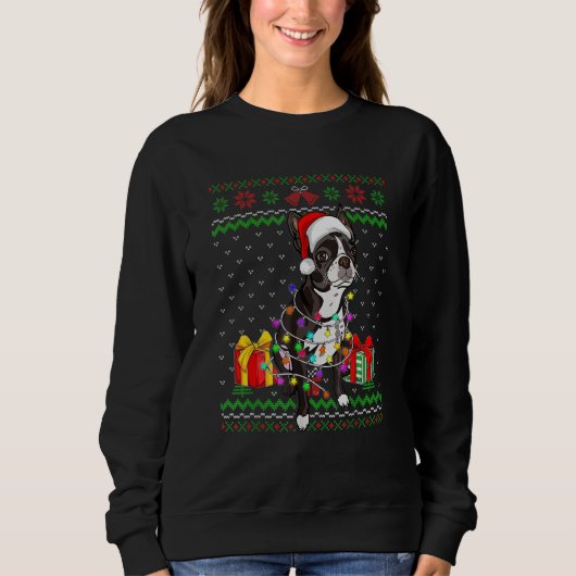 Ugly Sweater Christmas Lights Boston Terrier Dog Sweatshirt (Vorderseite)