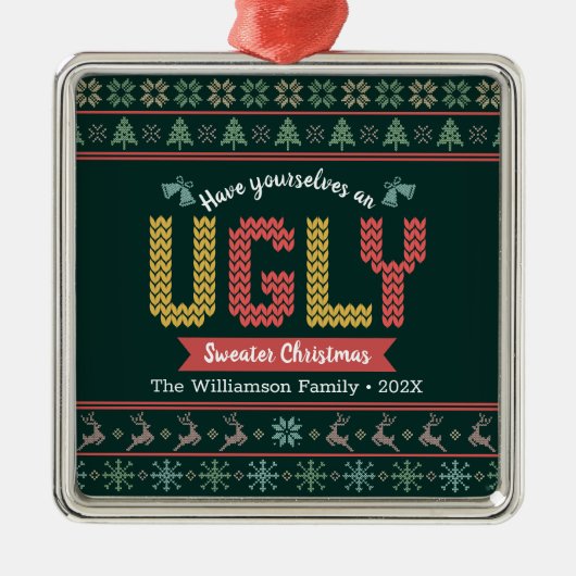 Ugly Sweater Christmas Nordic Hunter Green Strick Ornament Aus Metall (Vorne)