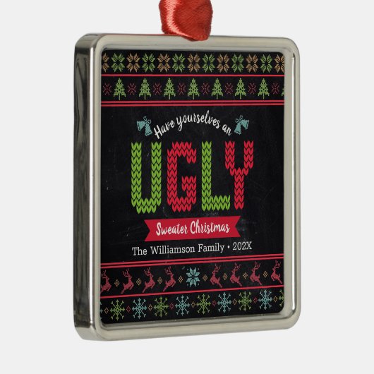 Ugly Sweater Christmas Nordic Strick Chalkboard Fu Ornament Aus Metall (Rechts)