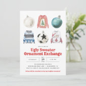 Ugly Sweater Christmas Ornament Exchange Party Einladung (Stehend Vorderseite)