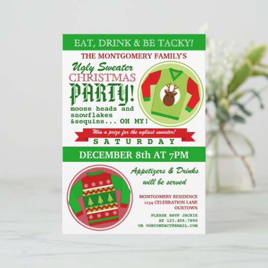 Ugly Sweater Christmas Party Einladung (Stehend Vorderseite)