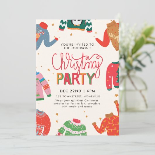 Ugly Sweater Christmas Party Einladung (Stehend Vorderseite)