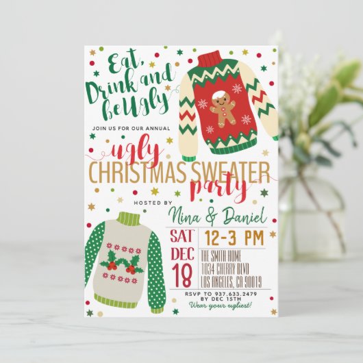 Ugly Sweater Christmas Party Einladung (Stehend Vorderseite)