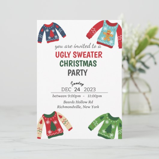 Ugly Sweater Christmas Party Einladung (Stehend Vorderseite)