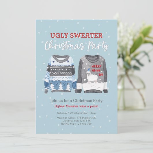 Ugly Sweater Christmas Party Einladung (Stehend Vorderseite)