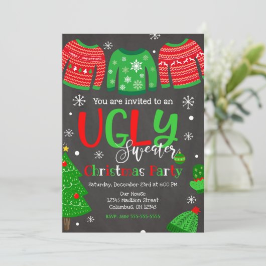 Ugly Sweater Christmas Party Einladung Chalkboard (Stehend Vorderseite)