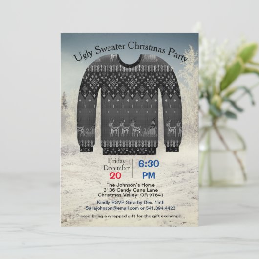 Ugly Sweater Christmas Party, Gray with Deer, ZPR Einladung (Stehend Vorderseite)