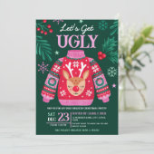 Ugly Sweater Christmas Party Rentier und Holly Einladung (Stehend Vorderseite)