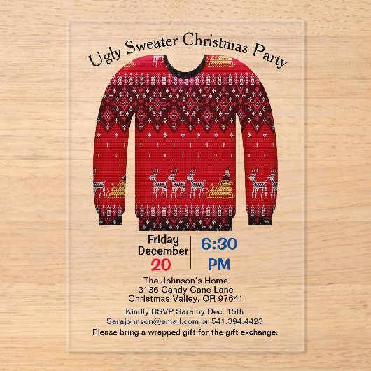 Ugly Sweater Christmas Party, Rot mit Hirsch Acryleinladungen (Vorderseite)
