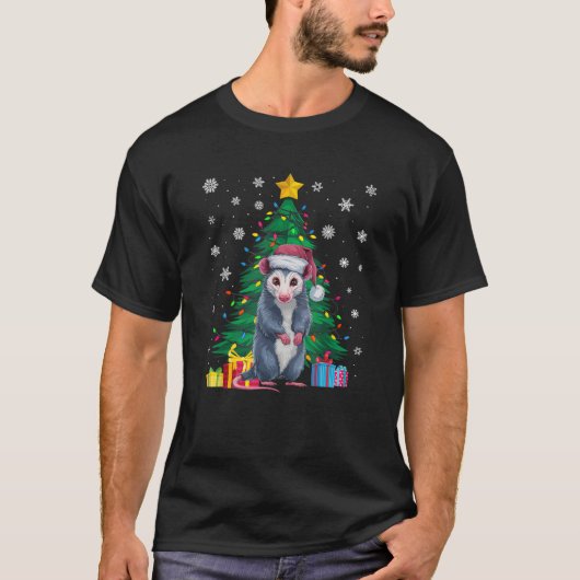 Ugly Sweater Christmas Tree Lights Opossum Santa H T-Shirt (Vorderseite)
