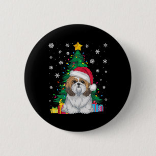 Ugly Sweater Christmas Tree Lights Shih Tzu Dog Sa Button