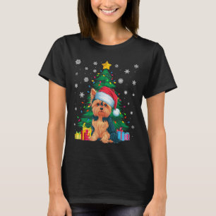 Ugly Sweater Christmas Tree Lights Yorkie Dog Sant T-Shirt