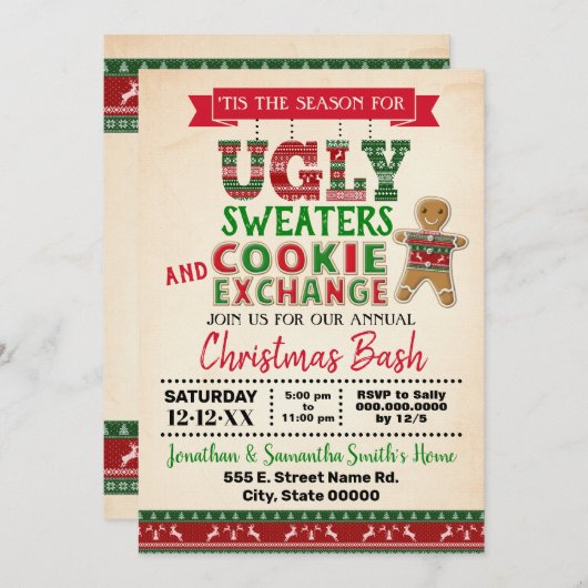 Ugly Sweater & Cookie-Austausch Weihnachtsbash Einladung (Vorne/Hinten)