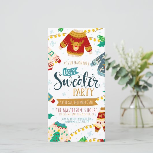 Ugly Sweater Digital Christmas Party Einladung (Stehend Vorderseite)