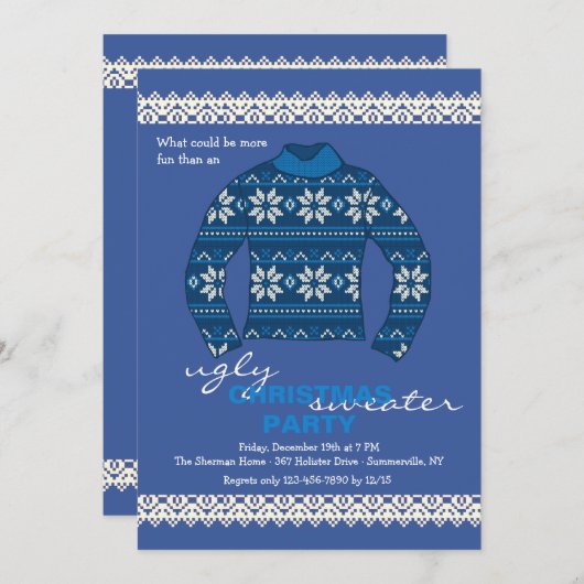 Ugly Sweater Feiertag Einladung in Blau (Vorne/Hinten)