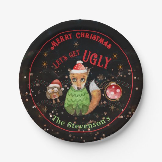 Ugly Sweater Fox & Owl Holiday Pappteller (Vorderseite)