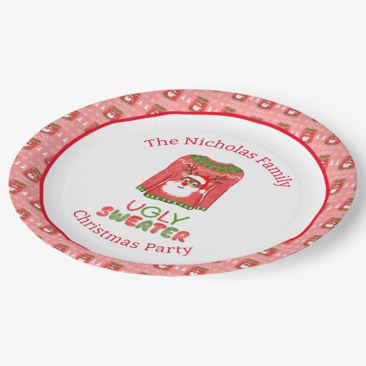 Ugly Sweater Funny Reindeer Weihnachtsfest Party Pappteller (Schrägansicht)