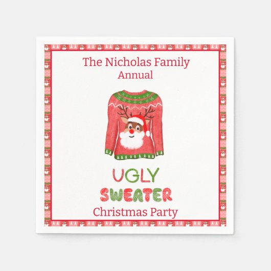 Ugly Sweater Funny Reindeer Weihnachtsfest Party Serviette (Vorderseite)