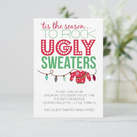 Ugly Sweater Holiday Party Einladung (Stehend Vorderseite)