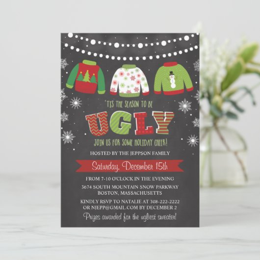 Ugly Sweater Holiday Weihnachten Party Einladung (Stehend Vorderseite)